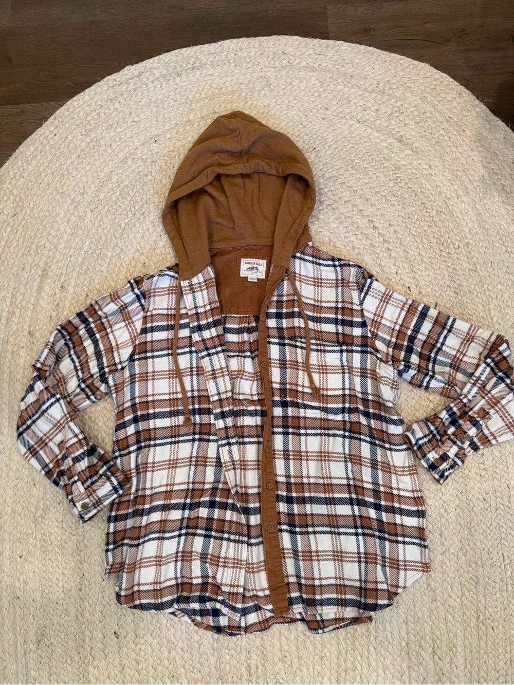 American Eagle Outfitters Brown Plaid Hooded Button-Down Shirt